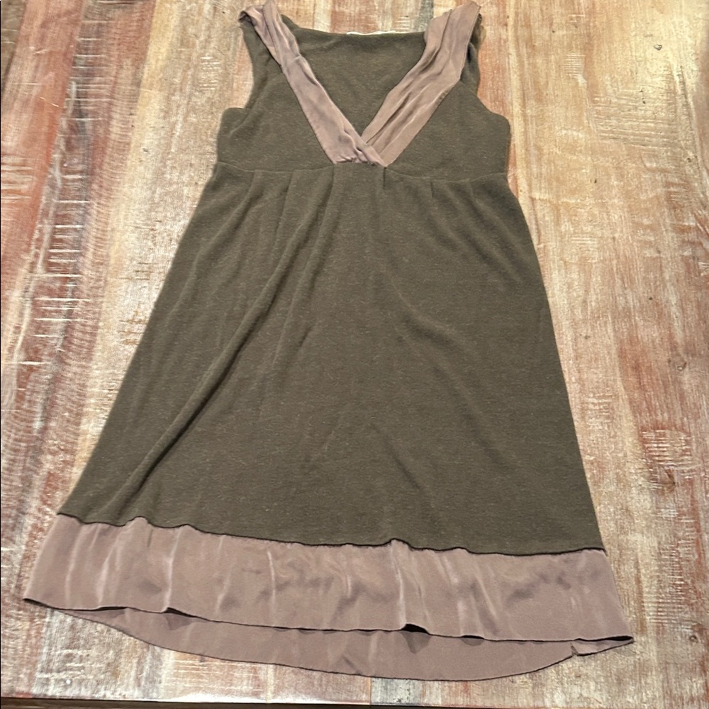 Hazel Brown Knit Dress with Silk V-neck and Hem.